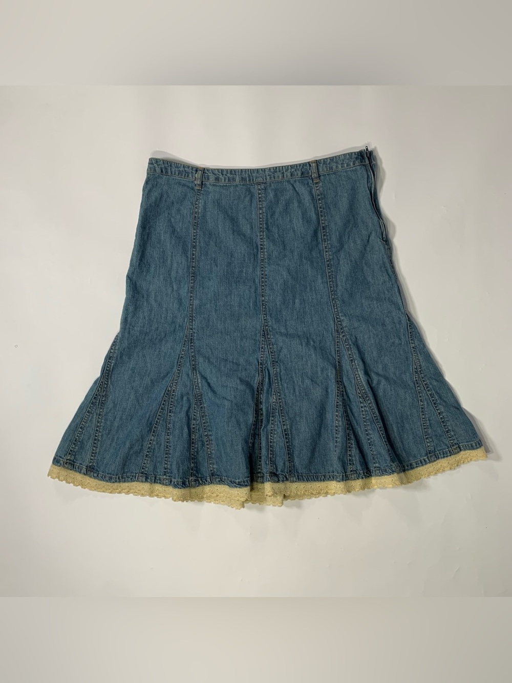 Y2K Faded Glory Denim Lace Trim Midi Skirt Size 14 Mermaid